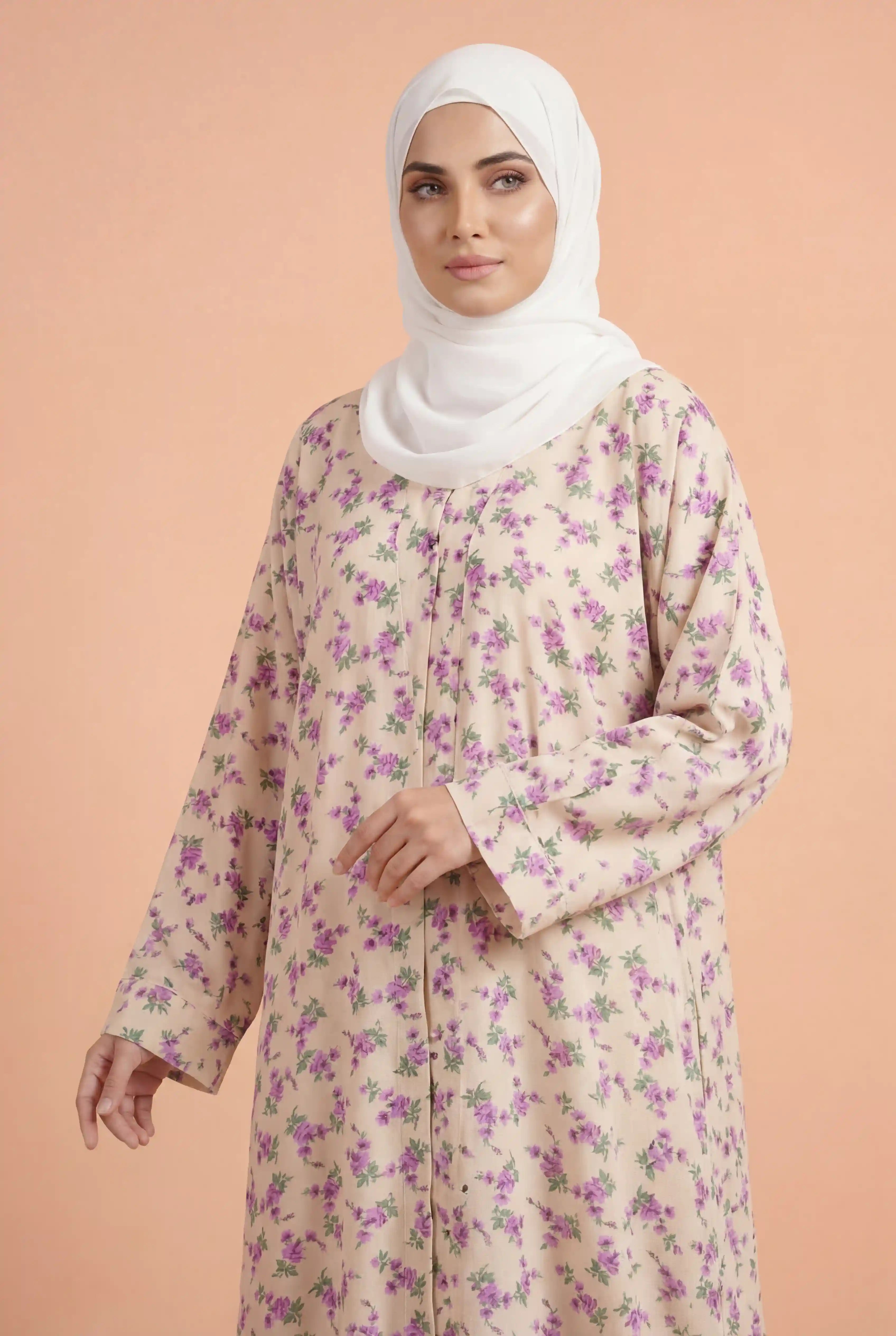 Dusky Flower Soft Beige Abaya | Printed Front-Open