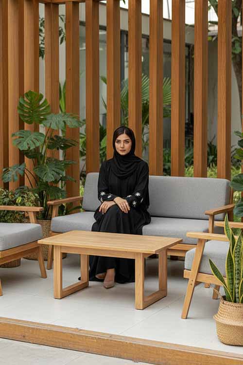 Star Bloom Black Abaya | Embroidery Front-Open