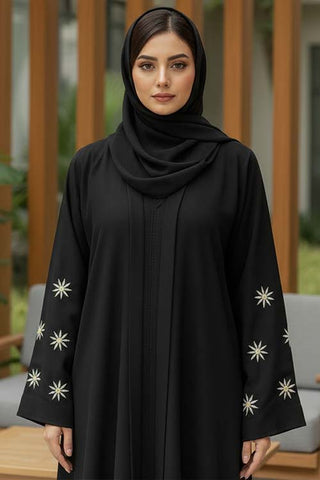 Star Bloom Black Abaya | Embroidery Front-Open