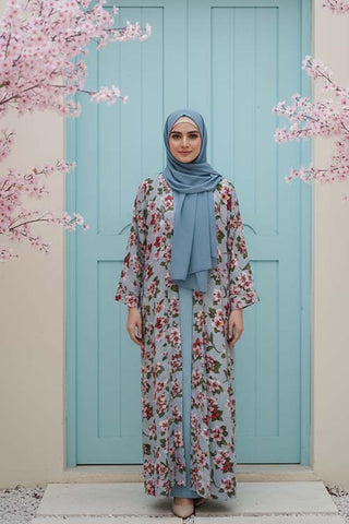 Flora Mint Green Abaya | Printed Front-Open