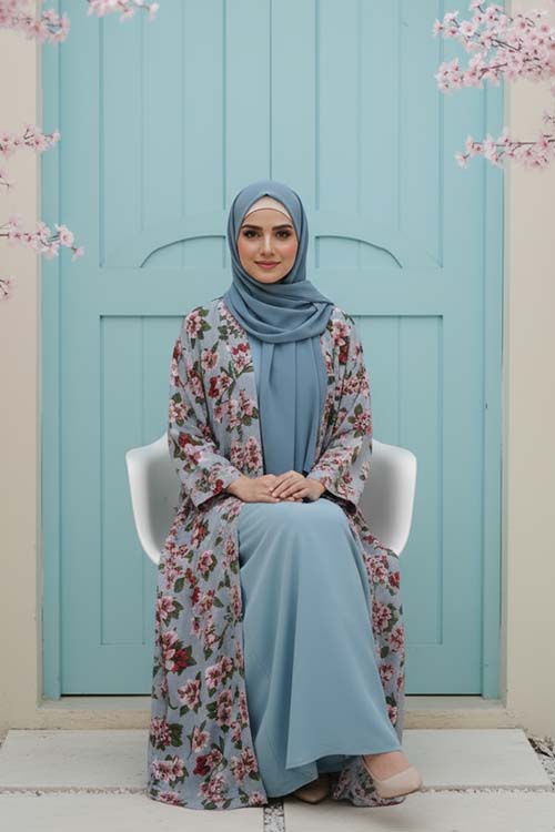 Flora Mint Green Abaya | Printed Front-Open