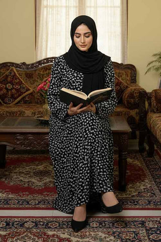 Floral Mist Black Abaya | Printed Front-Open