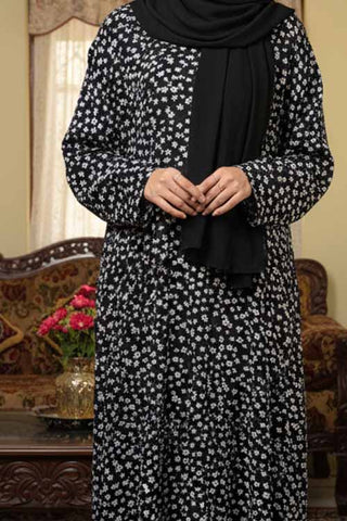 Floral Mist Black Abaya | Printed Front-Open