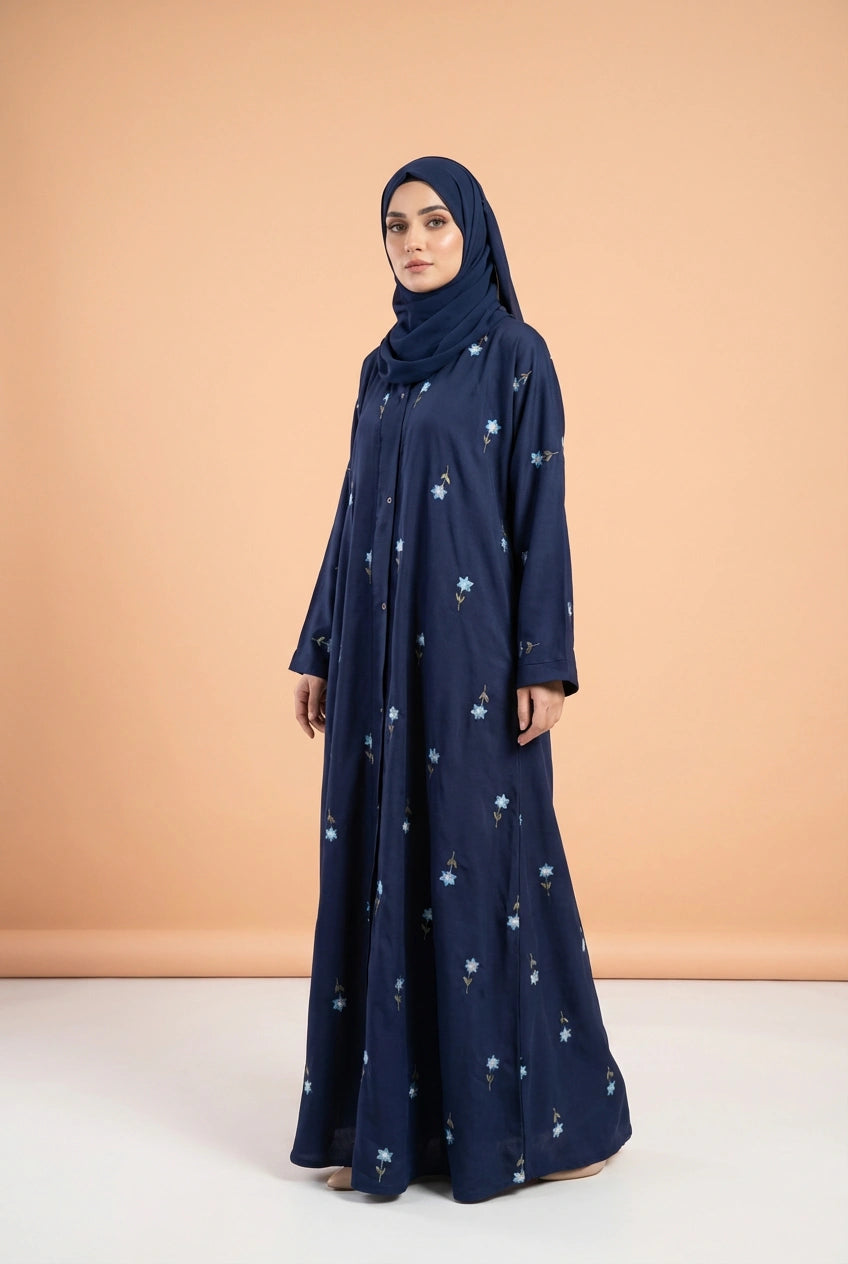 Rosy Night navy blue Abaya | Embroidery Front-Open