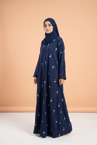 Rosy Night navy blue Abaya | Embroidery Front-Open