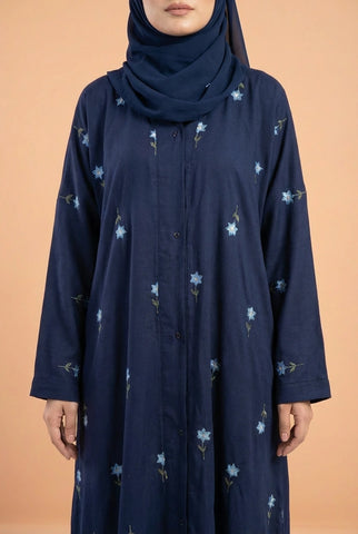 Rosy Night navy blue Abaya | Embroidery Front-Open