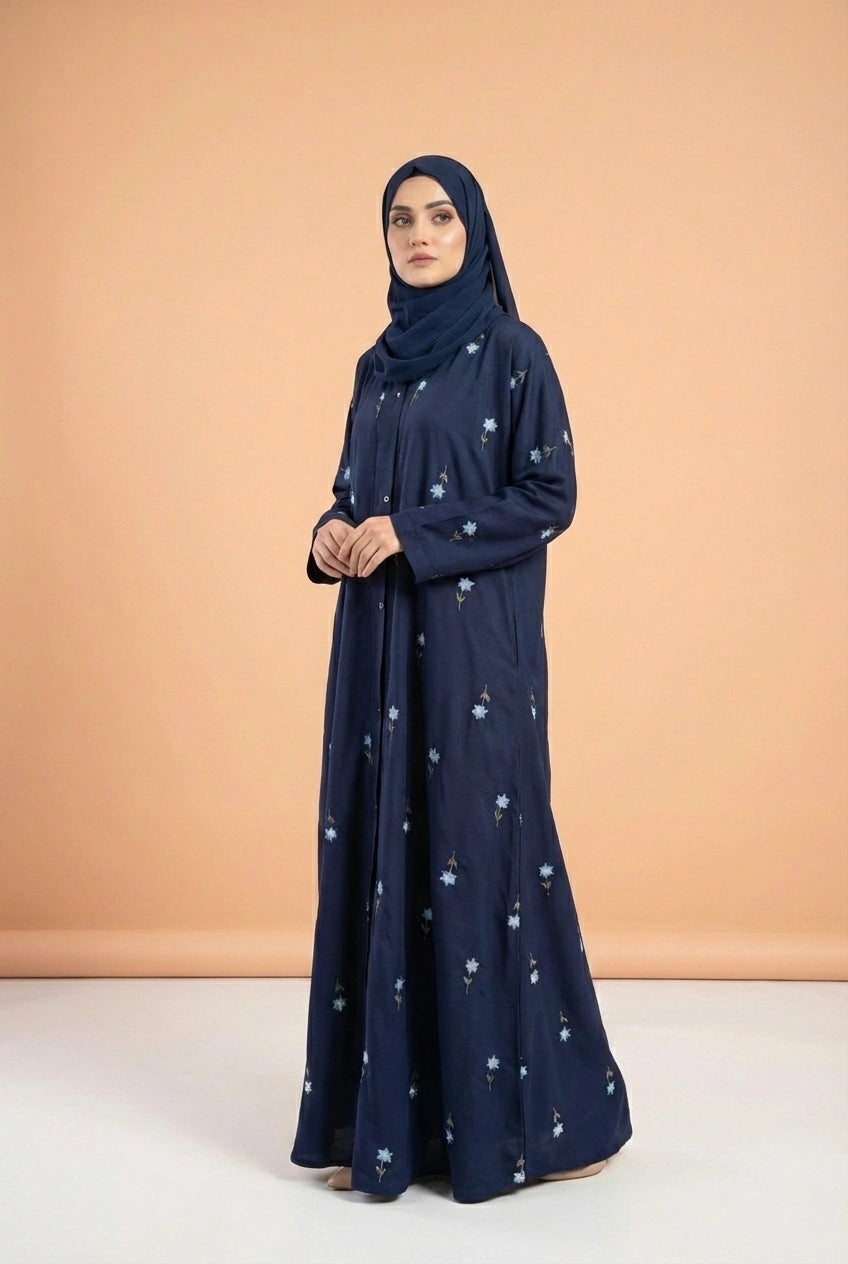 Rosy Night navy blue Abaya | Embroidery Front-Open