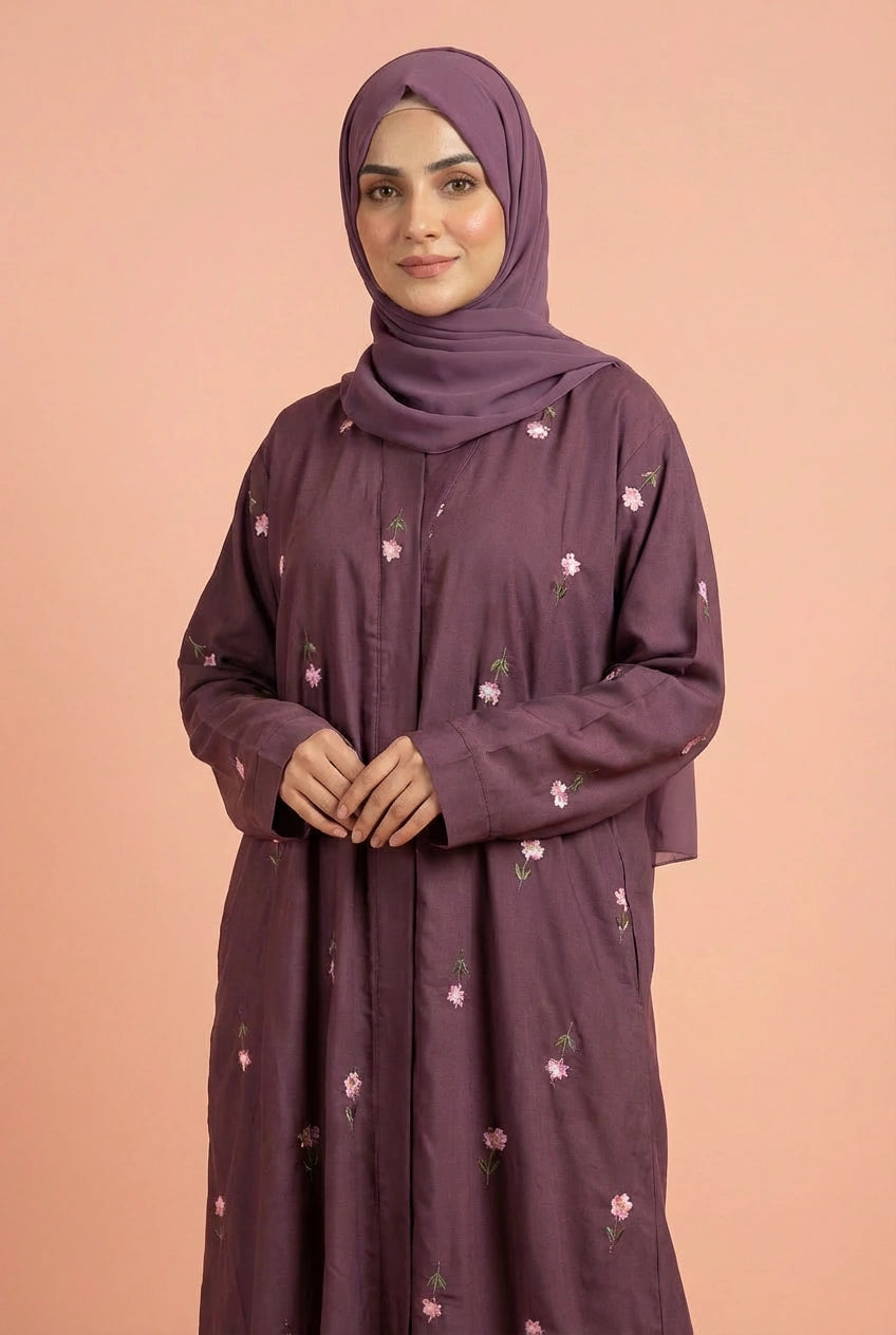 Rosy Night Oni  Rose  Abaya | Embroidery Front-Open