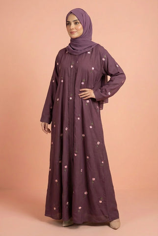 Rosy Night Oni  Rose  Abaya | Embroidery Front-Open