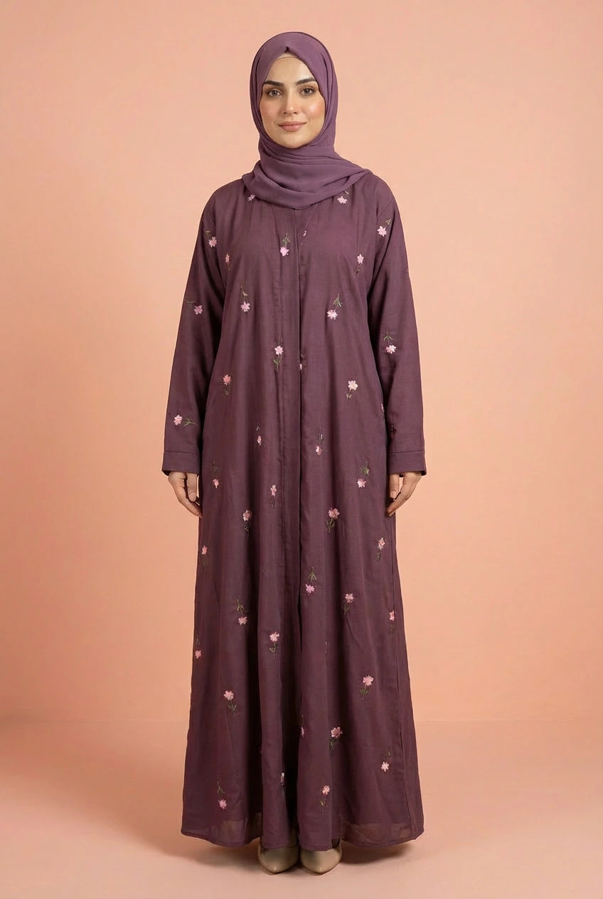 Rosy Night Oni  Rose  Abaya | Embroidery Front-Open