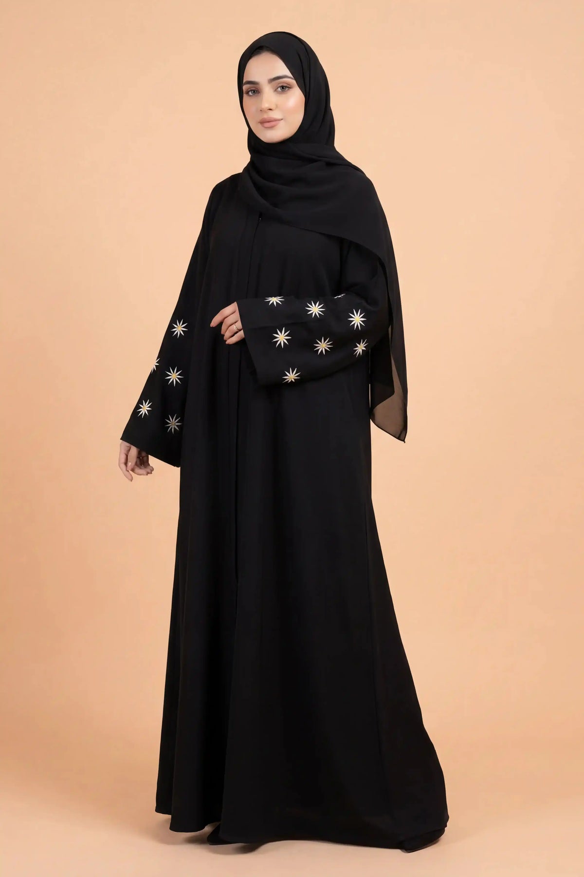 Star Bloom Black Abaya | Embroidery Front-Open
