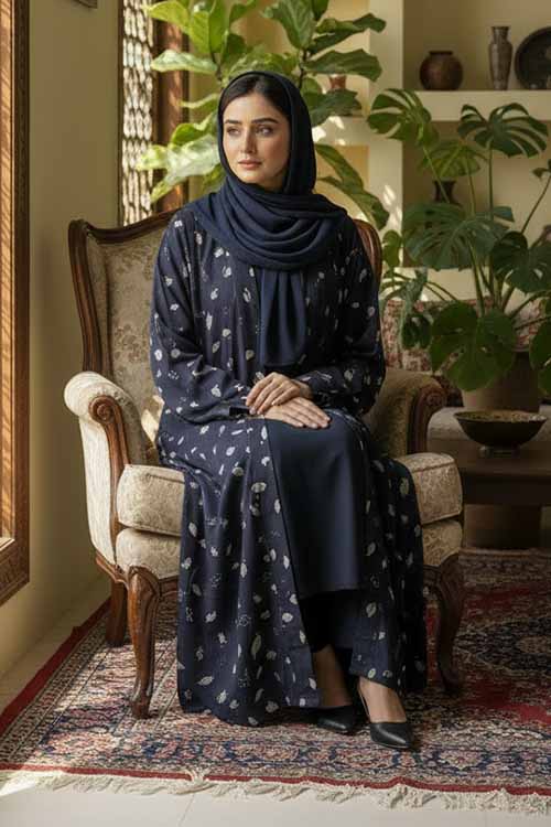 Leaflit Navy Blue Abaya | Printed Front-Open
