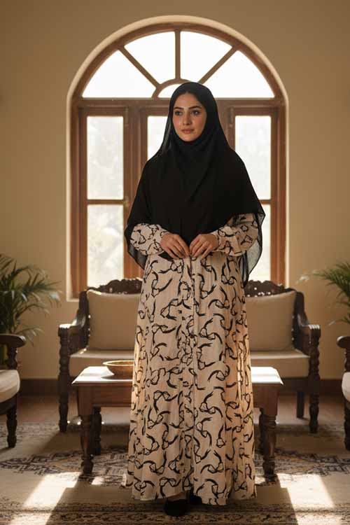 Malmal Bloom Soft Cream Abaya | Printed Front-Open