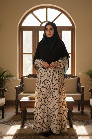 Malmal Bloom Soft Cream Abaya | Printed Front-Open