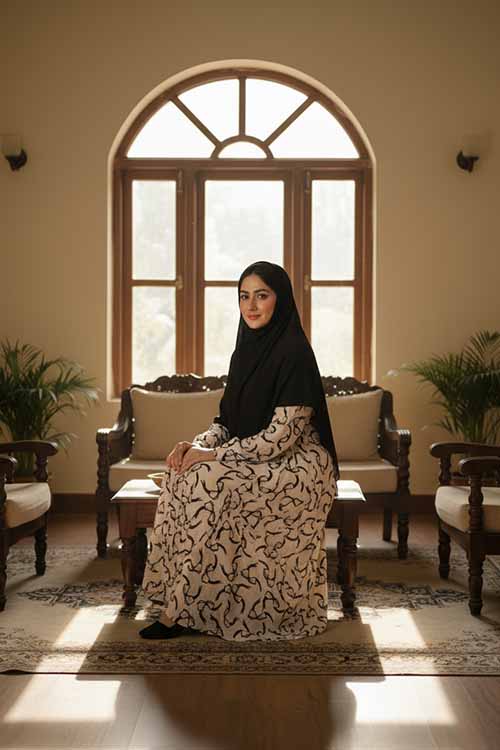 Malmal Bloom Soft Cream Abaya | Printed Front-Open