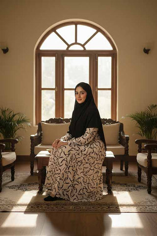 Malmal Bloom Soft Cream Abaya | Printed Front-Open