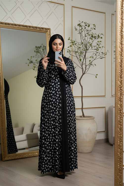 Midnight Bows Black Abaya | Printed Front-Open