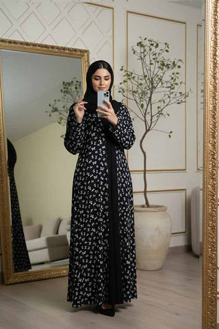 Midnight Bows Black Abaya | Printed Front-Open