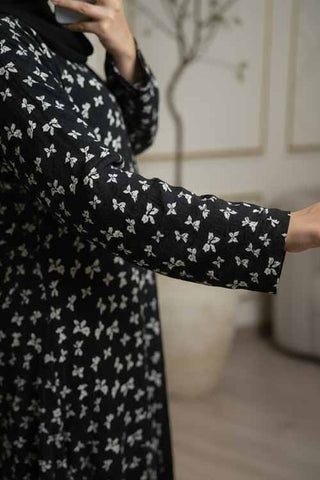 Midnight Bows Black Abaya | Printed Front-Open