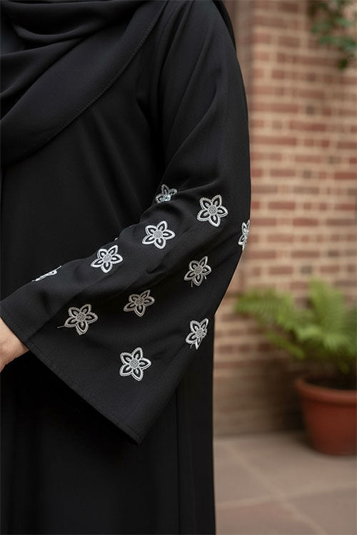 Moon Flower Black Abaya | Embroidery Front-open
