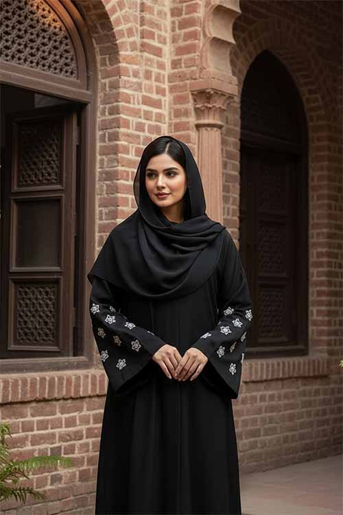 Moon Flower Black Abaya | Embroidery Front-open