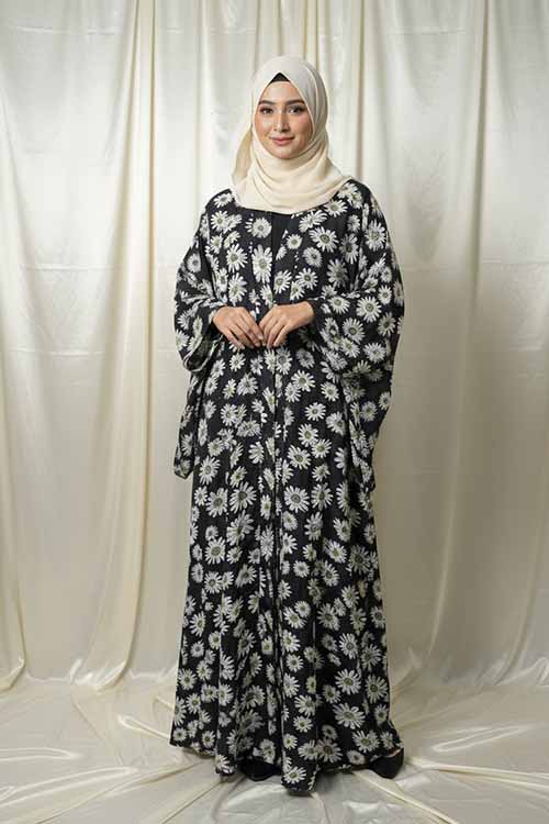 Noor-e-Gul Black Abaya | Printed Front-Open