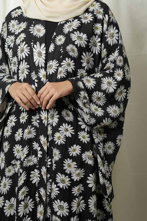 Noor-e-Gul Black Abaya | Printed Front-Open