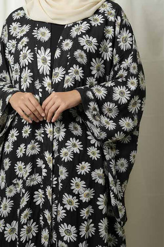 Noor-e-Gul Black Abaya | Printed Front-Open