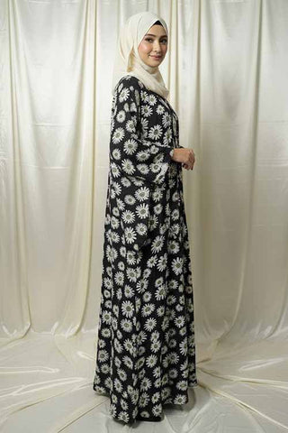 Noor-e-Gul Black Abaya | Printed Front-Open