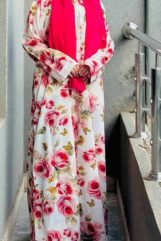 Paradise Bloomer Soft Cream Abaya | Printed Front-Open