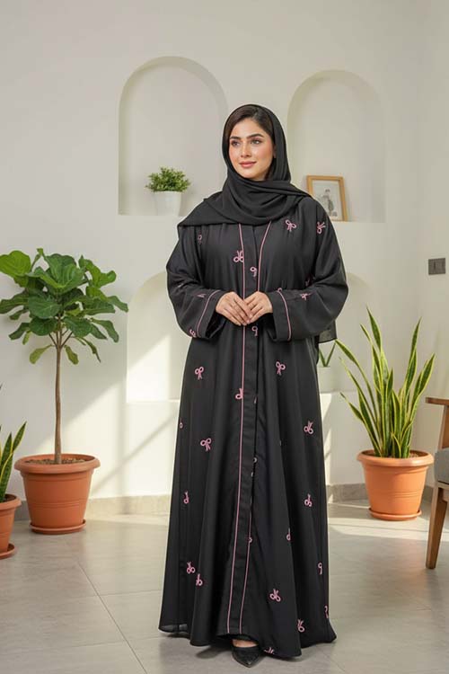 Premium Bow Abaya | Embroidery Front-Open