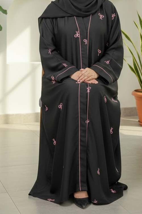 Premium Bow Abaya | Embroidery Front-Open