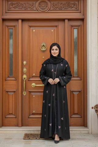Premium Bow Abaya | Embroidery Front-Open
