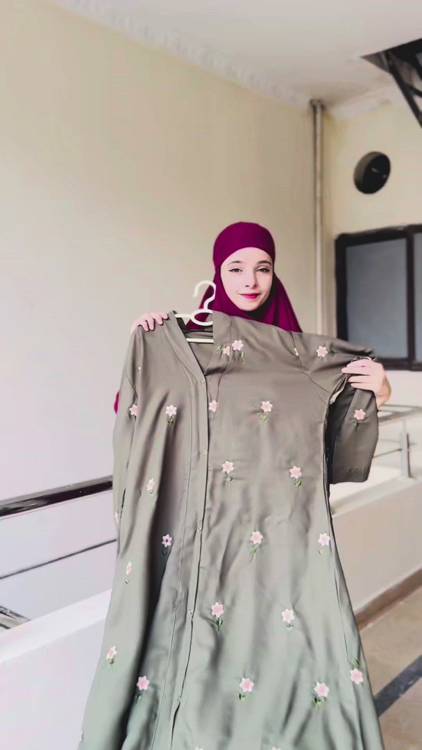 Rosy Night Olive-Green Abaya | Embroidery Front-Open