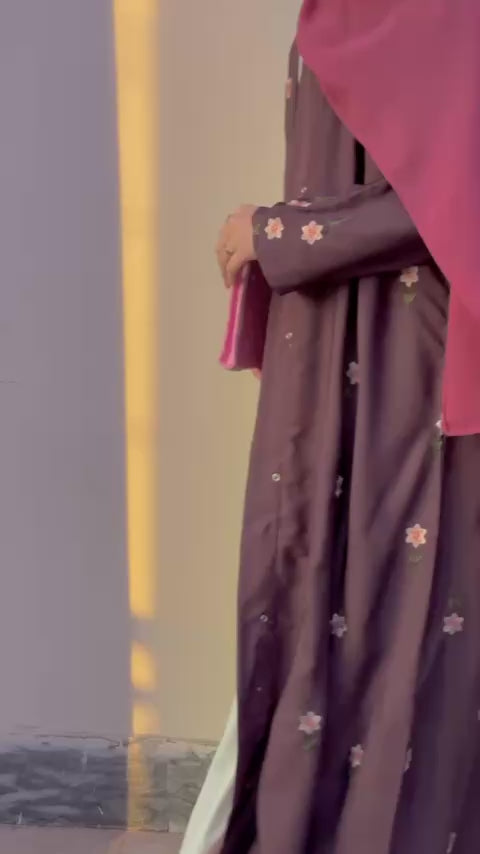 Rosy Night Brown Abaya | Embroidery Front-Open
