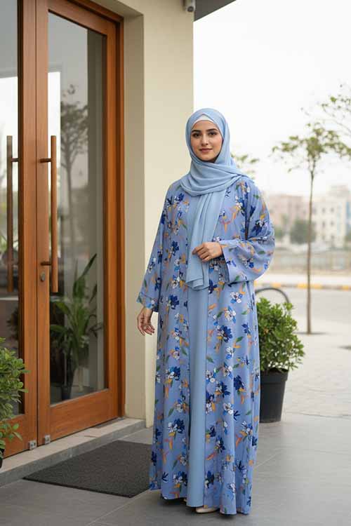 Raya Noor Blue Abaya | Printed Front-Open