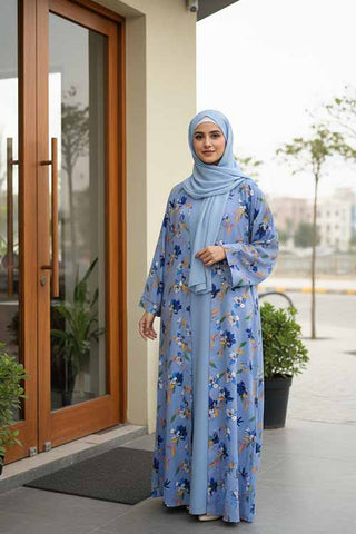Raya Noor Blue Abaya | Printed Front-Open