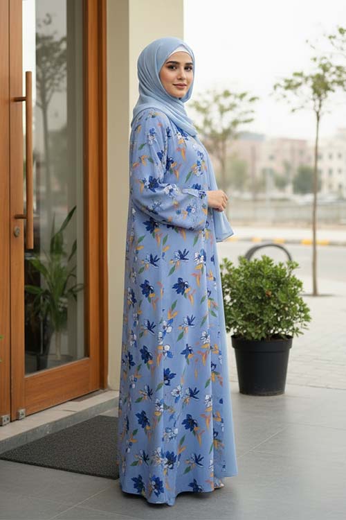 Raya Noor Blue Abaya | Printed Front-Open