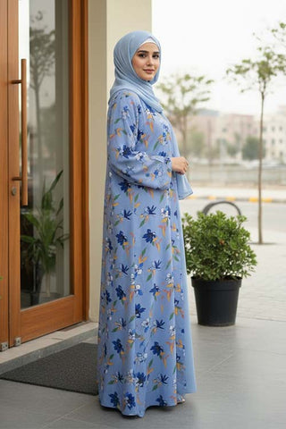 Raya Noor Blue Abaya | Printed Front-Open