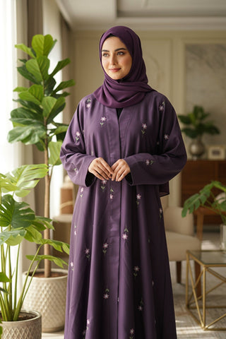 Rosy Night Purple Abaya | Embroidery Front - Open - 