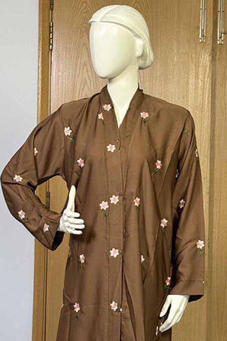 Rosy Night Brown Abaya | Embroidery Front-Open