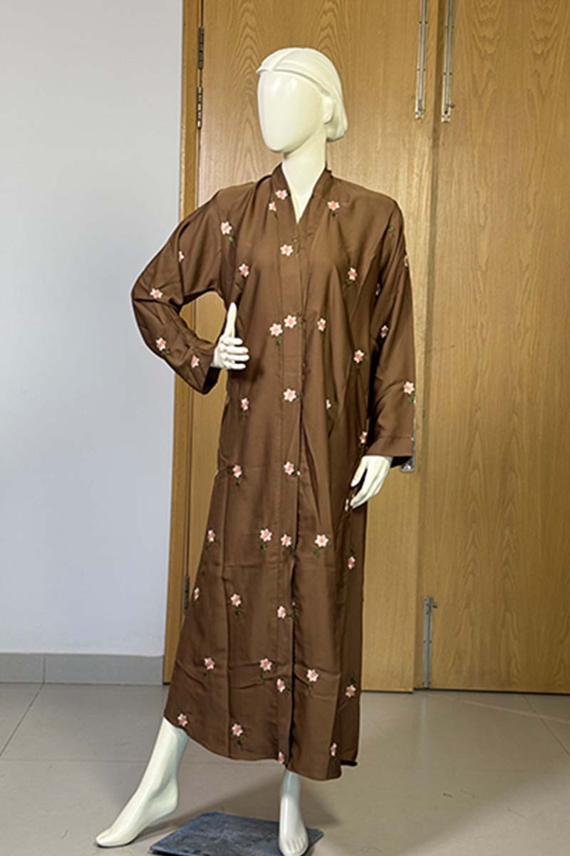 Rosy Night Brown Abaya | Embroidery Front-Open