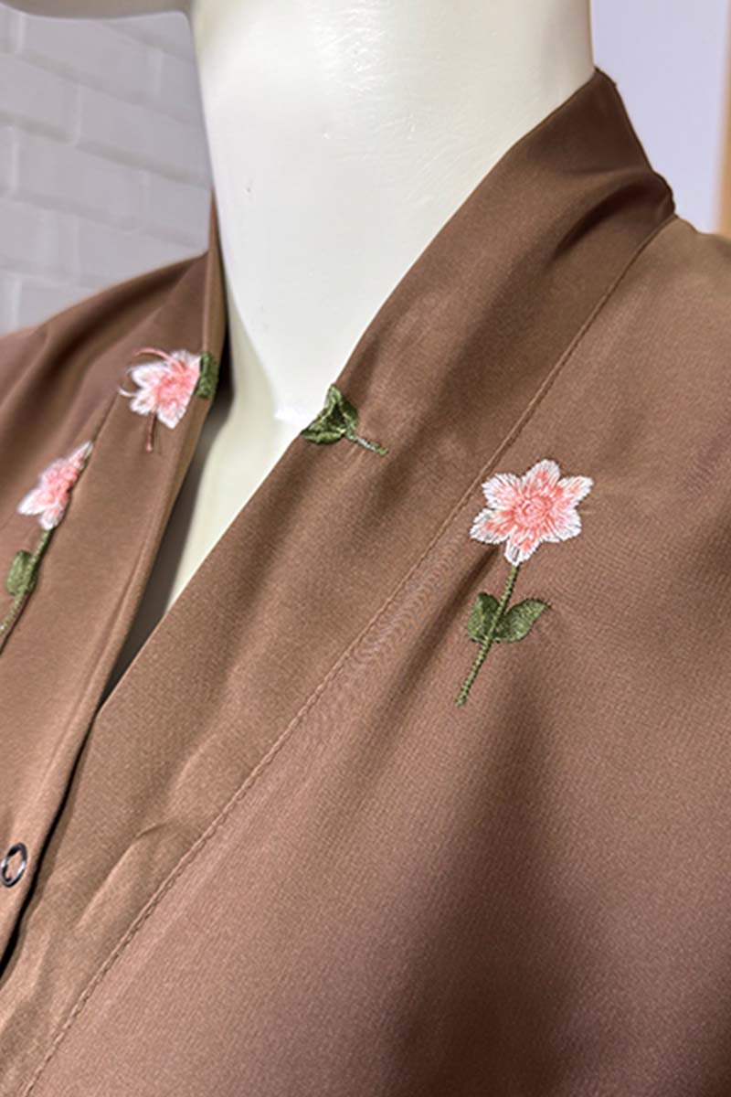 Rosy Night Brown Abaya | Embroidery Front-Open