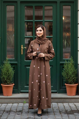Rosy Night Brown Abaya | Embroidery Front-Open