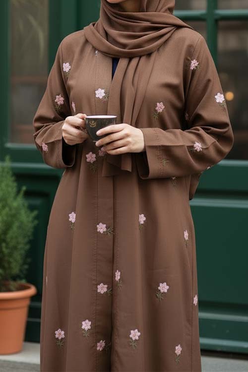Rosy Night Brown Abaya | Embroidery Front-Open
