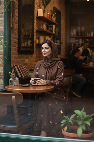 Rosy Night Brown Abaya | Embroidery Front-Open