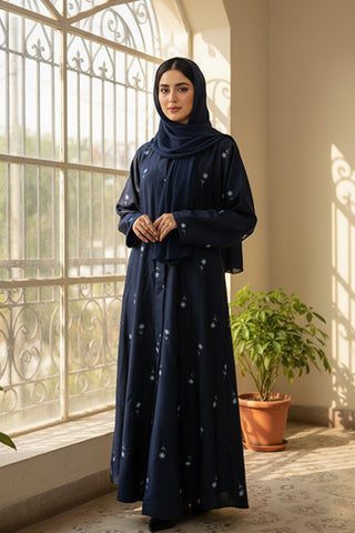 Rosy Night navy blue Abaya | Embroidery Front-Open