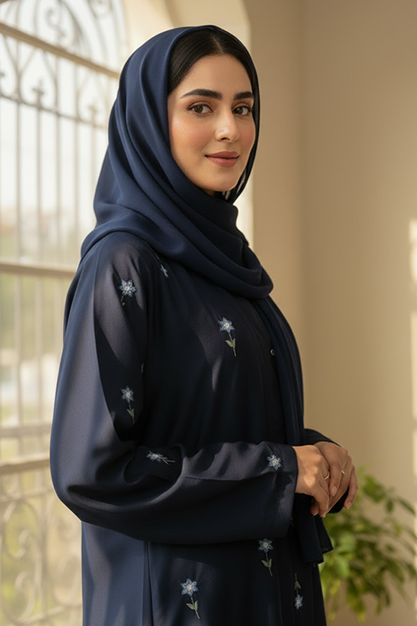 Rosy Night navy blue Abaya | Embroidery Front-Open