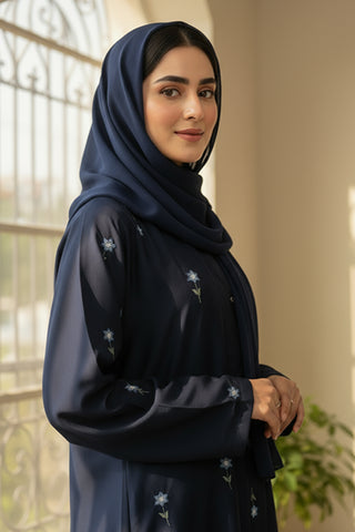 Rosy Night navy blue Abaya | Embroidery Front-Open