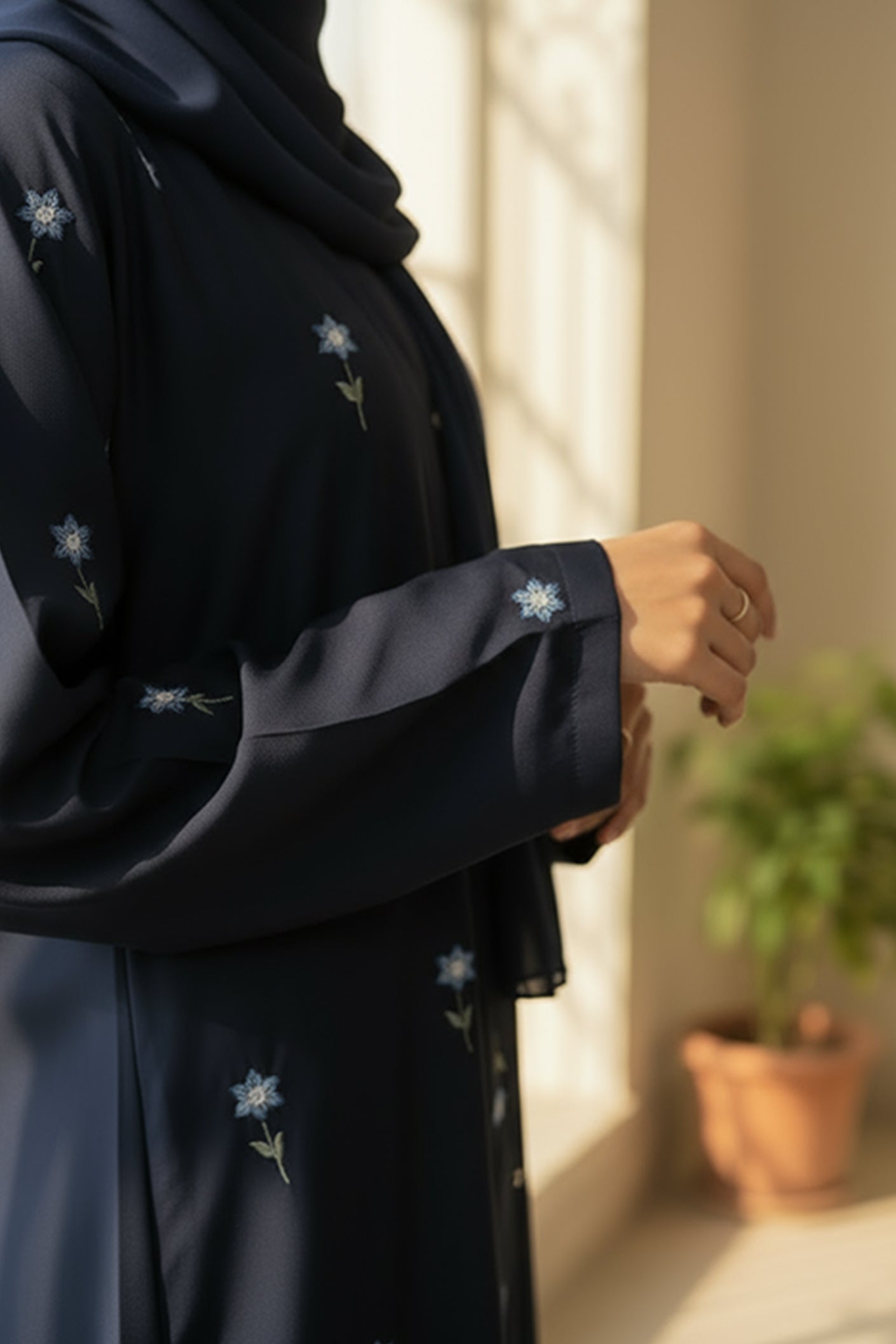 Rosy Night navy blue Abaya | Embroidery Front-Open